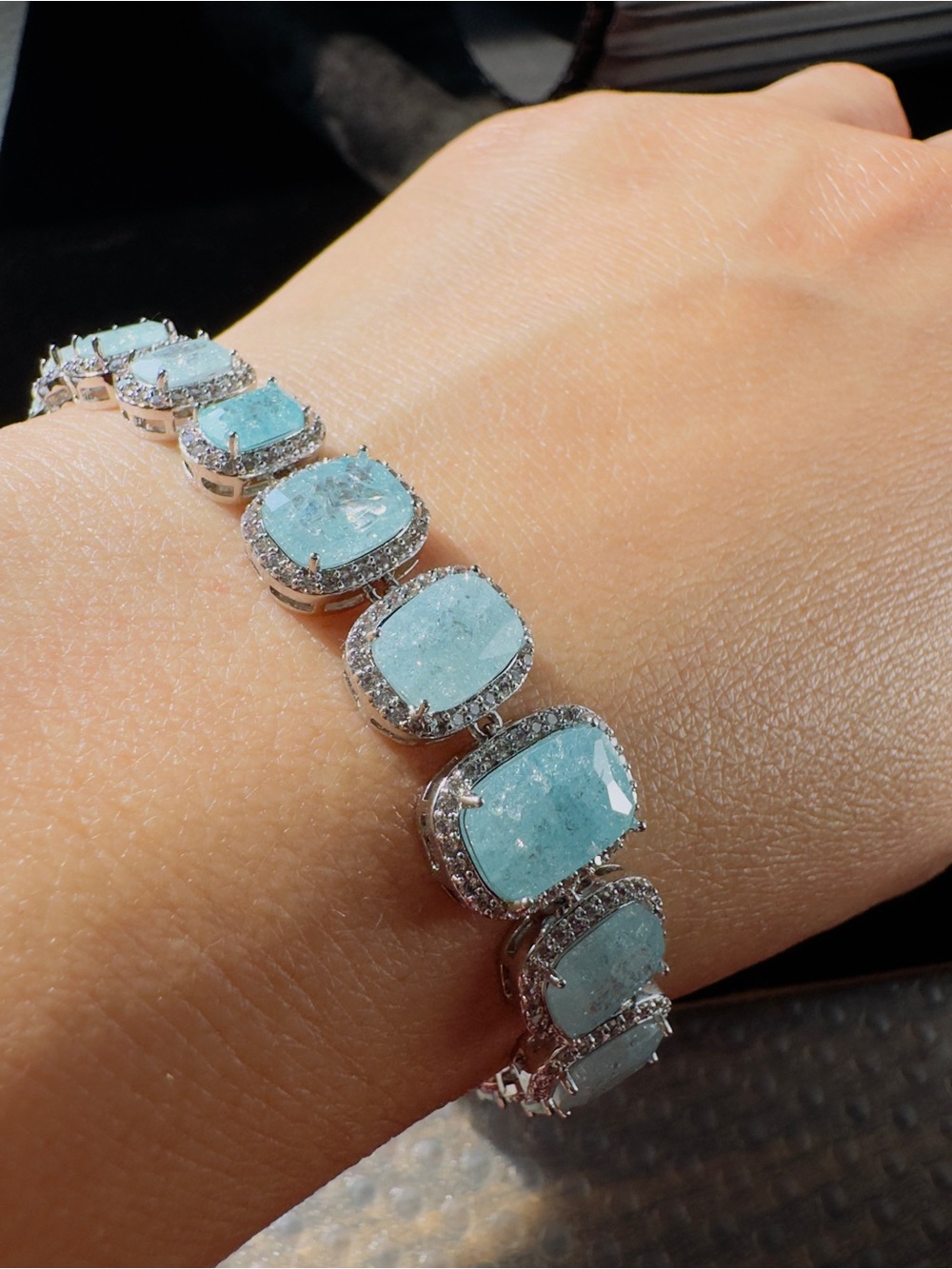 Silver Aquamarine Halo Link Bracelet - Light Blue